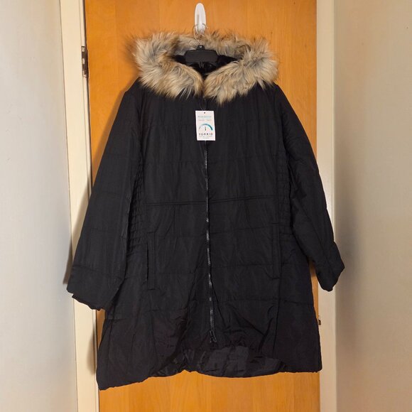 NWT Torrid Feel The Fit Long Puffer Coat Womens 5 5X 28 Black Faux Fur Trim - Picture 1 of 11